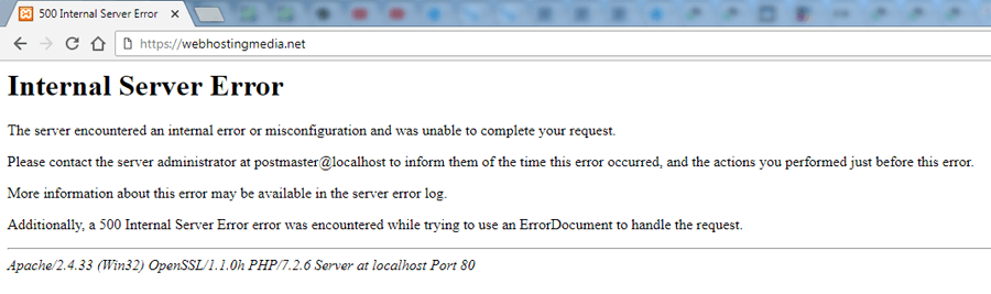 Example of a WordPress website showing internal server error